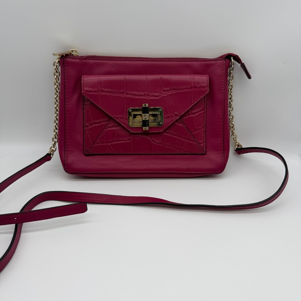 Diane‎ von Furstenberg Pink Leather Crossbody Bag Croc Embossed Envelope Pocket